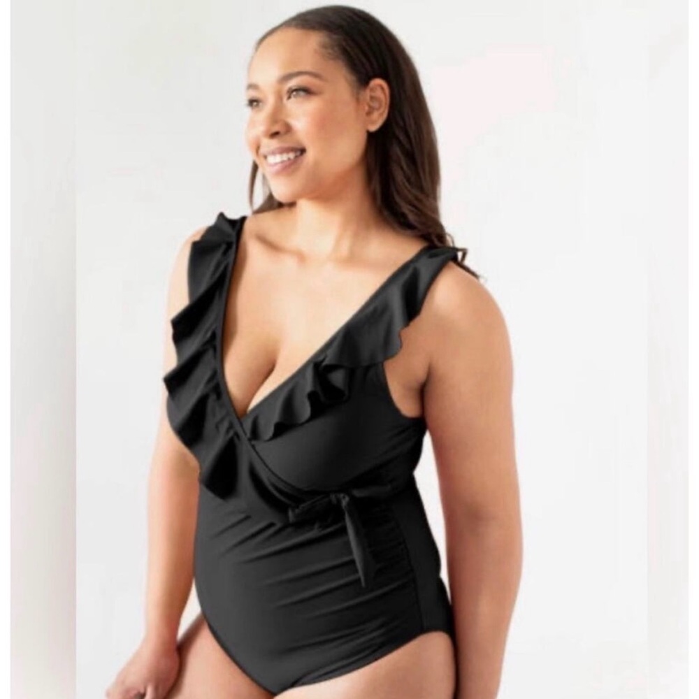 NWT Kindred Bravely Ruffle Wrap Maternity & Nursing Black Swimsuit Size L Busty